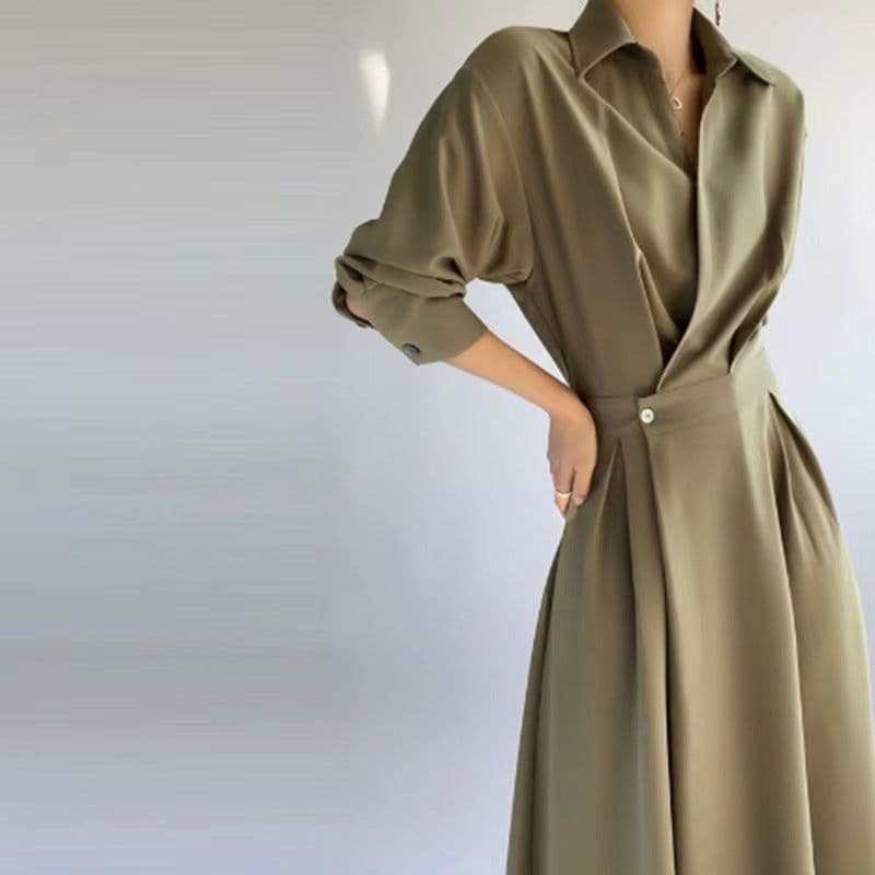 image-Polyester Midi Dress - Orange Long Sleeve POLO Collar