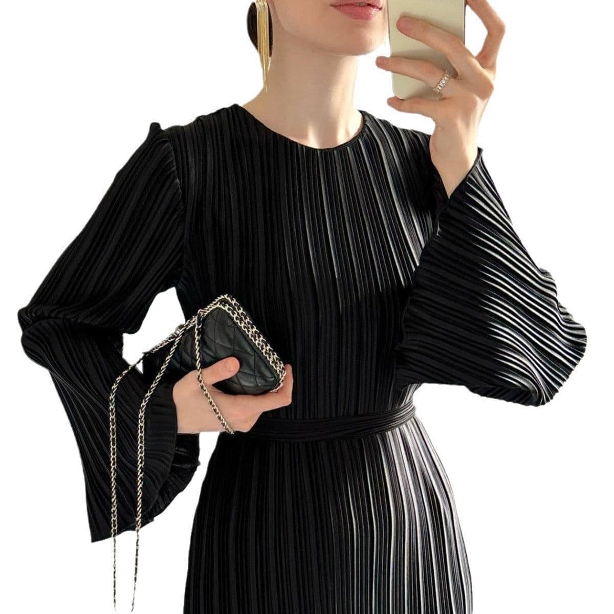 image-2023 Autumn Long Skirt Dress - Brown Pleated Bell Sleeve XXL