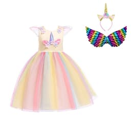 image-Halloween Unicorn Ruffle Sleeve Rainbow Dress - Light Blue, 3-8 Years