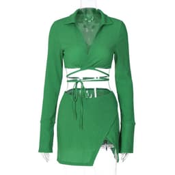 image-European and American women's clothing 2022 summer new fashion cardigan long-sleeved lapel top slim short skirt suit wholesale