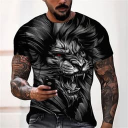 image-European & American 3D Lion Print Men's T-shirt, Short Sleeve, 6XL Comfortable