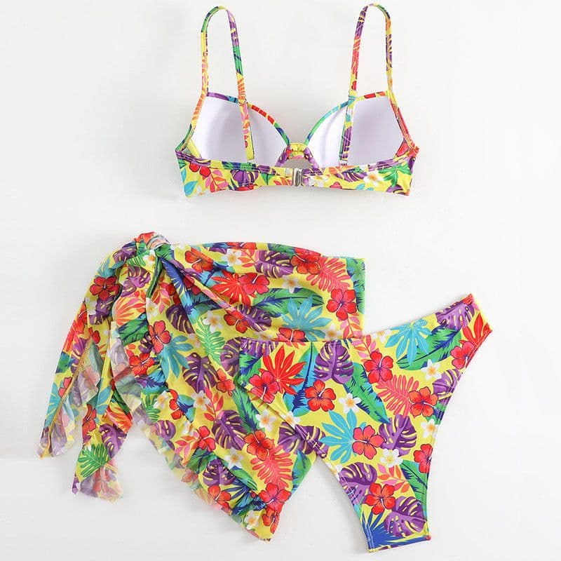 image-2023 women's new swimsuit bikini with mesh skirt split printed three-piece swimsuit European and American cross-border