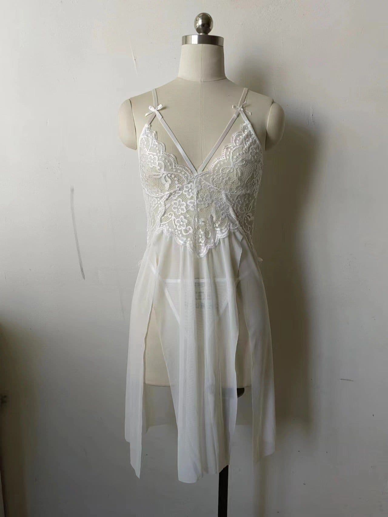 image-European and American erotic lingerie sexy mesh see-through pajamas lace embroidery suspender nightdress female slit revealing breast long skirt