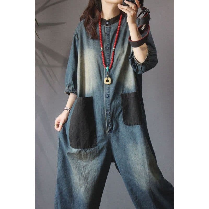 image-Denim Jumpsuit Women's Wide-Leg Cropped - Blue Patch