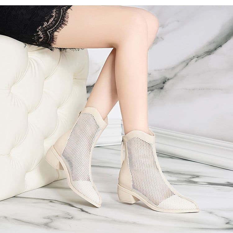 image-Shanli Dadi 2023 Mid-Calf PU Mesh Boots - Off White, High Heels