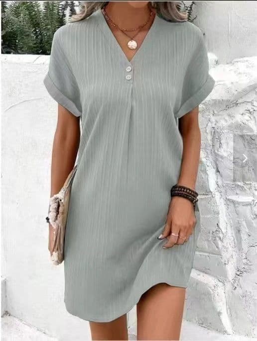 image-Cross-border European and American women's clothing 2023 new Amazon V-neck solid color pullover comfortable casual button dress