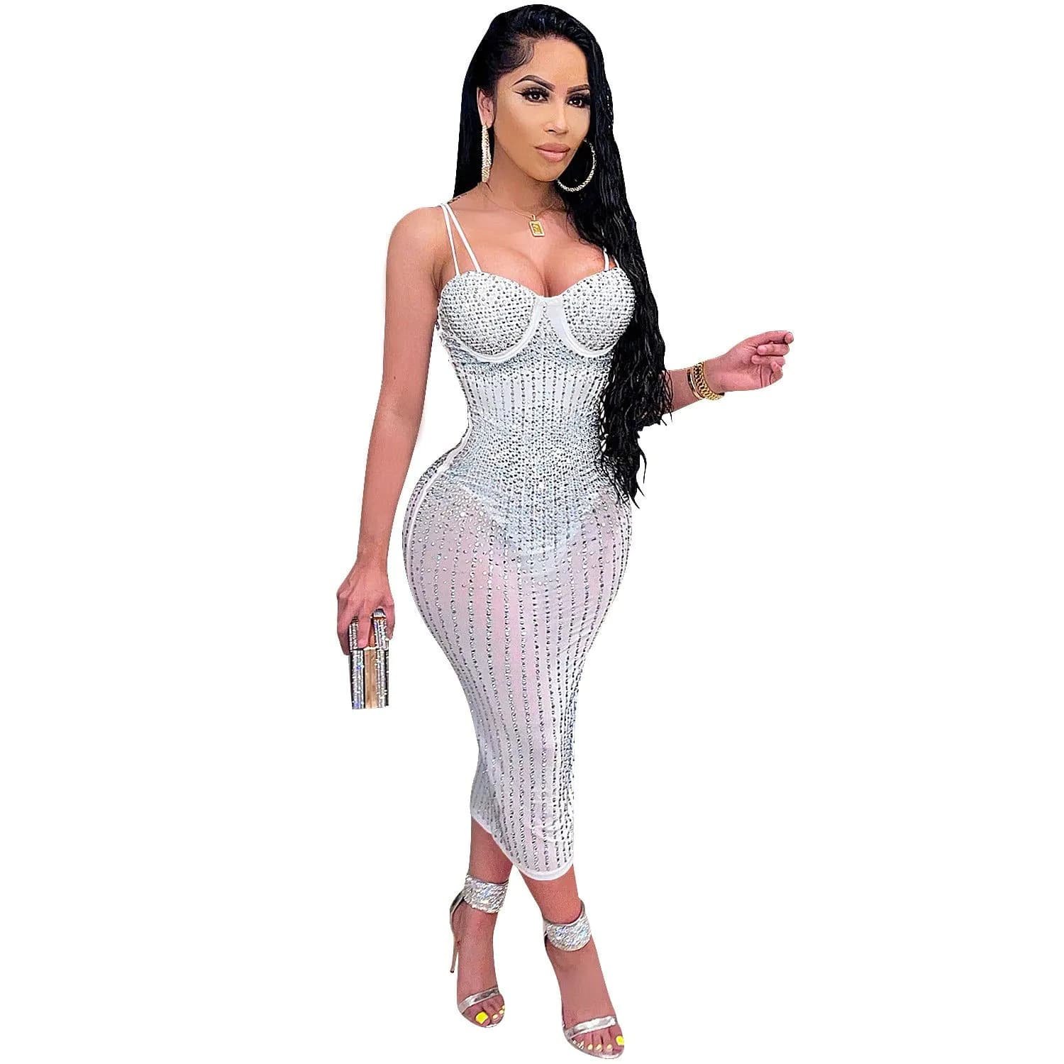 image-Women's Mesh Dress - Diamond Embellished U-Neck Midi
