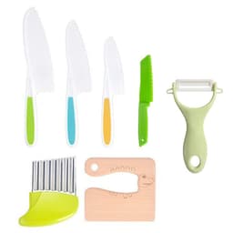 image-Children's Safety Knife Set - 3-Piece Plastic Fruit Kit, Wooden Chopping Board