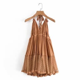 image-Foreign Trade 2022 Summer New European and American V-neck Waist Slim Hem Mesh Stitching Backless Suspender Dress Women
