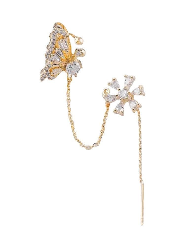 image-Elegant Butterfly Flower Tassel Ear Clips for Women - EJ023 Gold