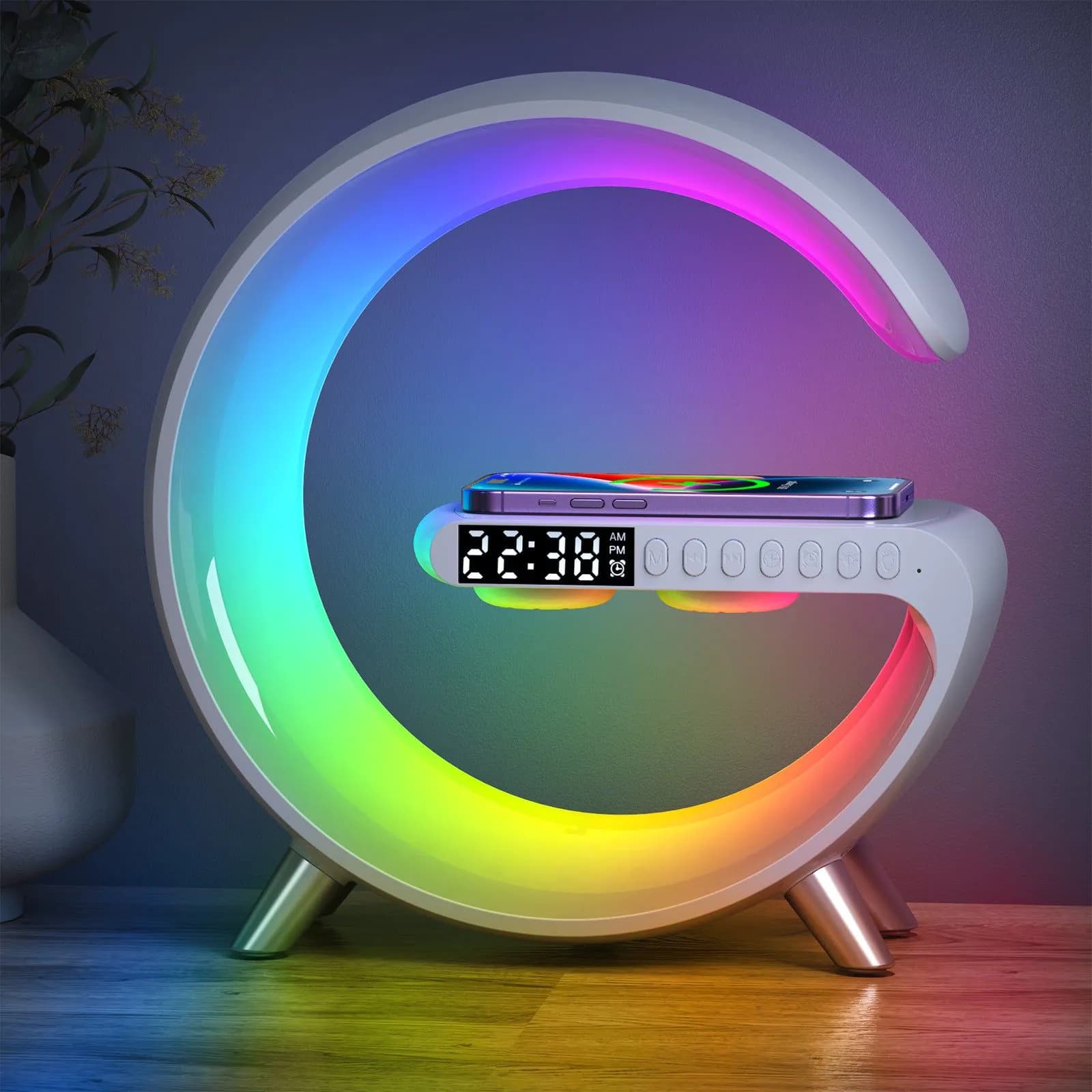 image-Big G Smart Atmosphere Light Bluetooth Speaker Wireless Charger Bedside Atmosphere Light Sunrise Wake-Up Light Moon Model