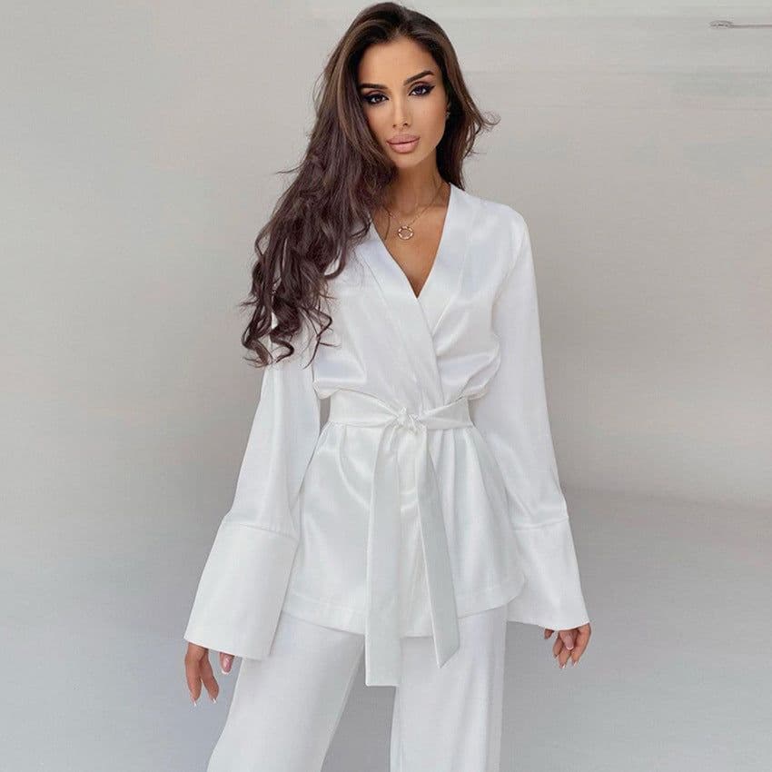 image-Ice Silk Pajama Set - Long Sleeve Nightgown Women's
