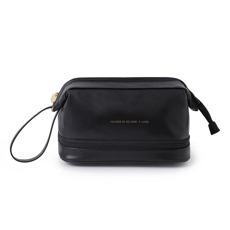 image-Portable Cosmetic Bag - Black PU Leather Pillow