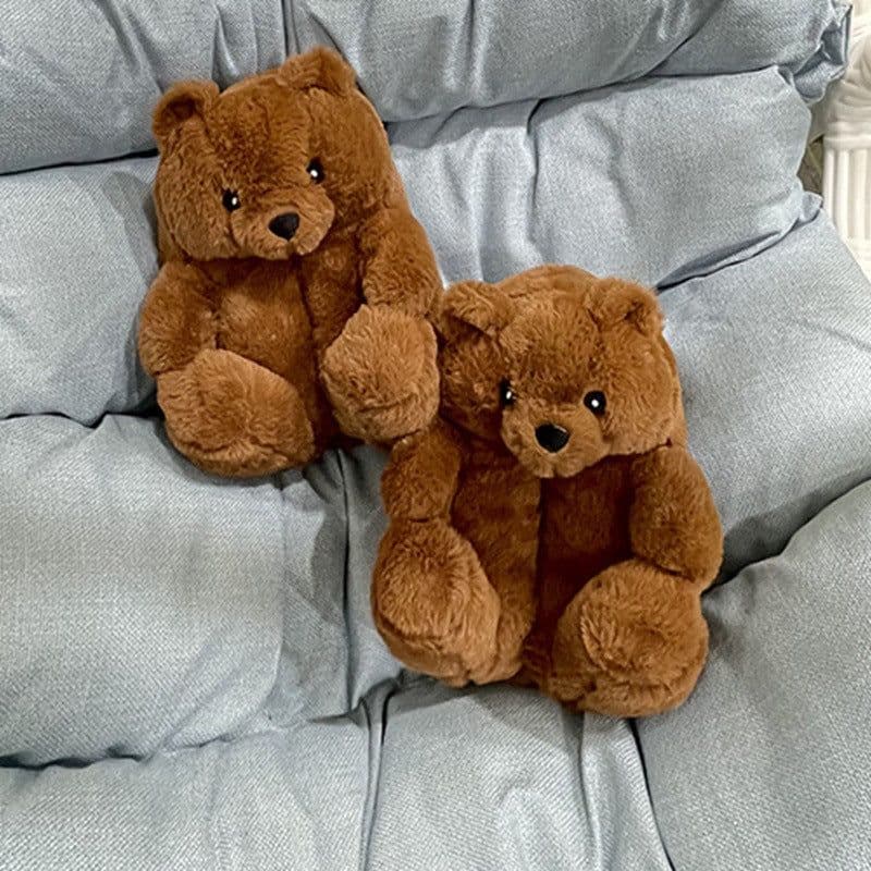 image-Cartoon Bear Plush Slippers - Large, South Korean Velvet, Dark Teddy Bear Shoes