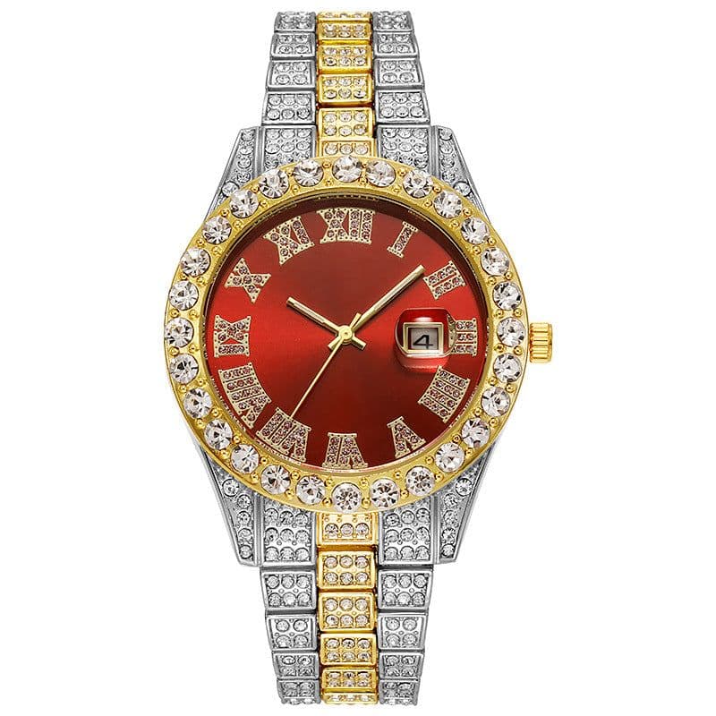 image-Hiphop watch European and American hot style men's steel belt hip-hop Roman scale diamond calendar men's quartz watch