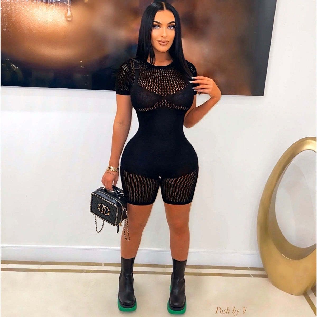 image-Trendy Green Wool Knit Jumpsuit Shorts XL - Street Hipster Style