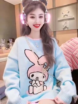 image-Women's Rabbit Knit Sweater - White Loose Fit POLO Collar