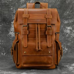 image-European and American Men's Retro Backpack Crazy Horse Leather Student School Bag Large Capacity Leather Travel Bag 16 Inch Computer Bag