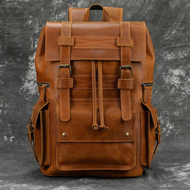 image-European and American Men's Retro Backpack Crazy Horse Leather Student School Bag Large Capacity Leather Travel Bag 16 Inch Computer Bag