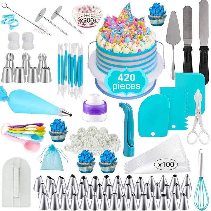 image-420-Piece Cake Turntable Decorating Kit - Stainless Steel Molds