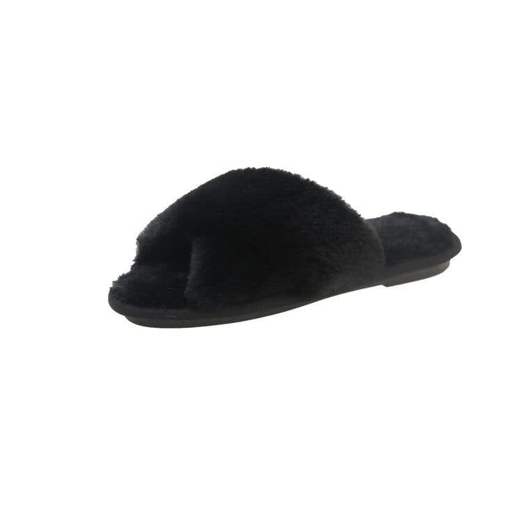 image-Women's Fur Slippers - Black Plush Open Toe