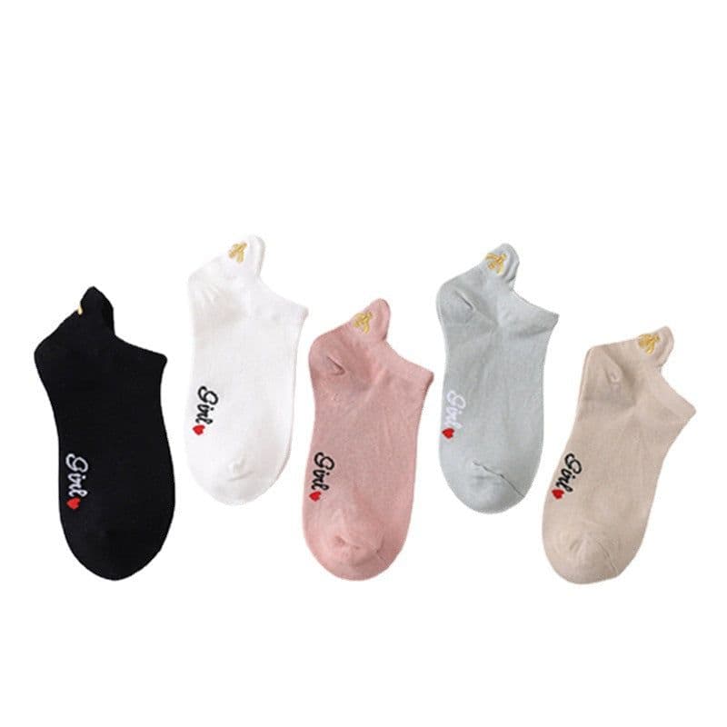 image-Women's Cotton Boat Socks - Embroidered Heart Khaki