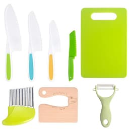 image-Children's Safety Knife Set - 3-Piece Plastic Fruit Kit, Wooden Chopping Board