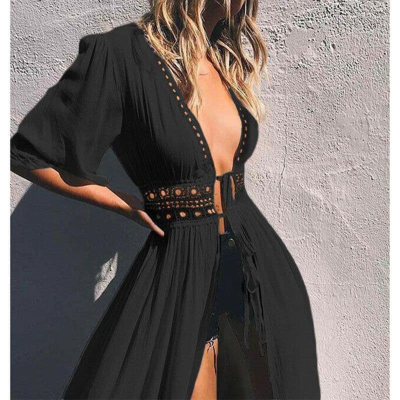 image-Lace Chiffon Beach Cover-Up - Sheer Mid-Slit