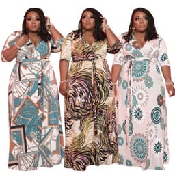 image-Fagadoer Plus Size Bandage Dress V Neck Short Sleeve Maxi Elegant Print Dresses