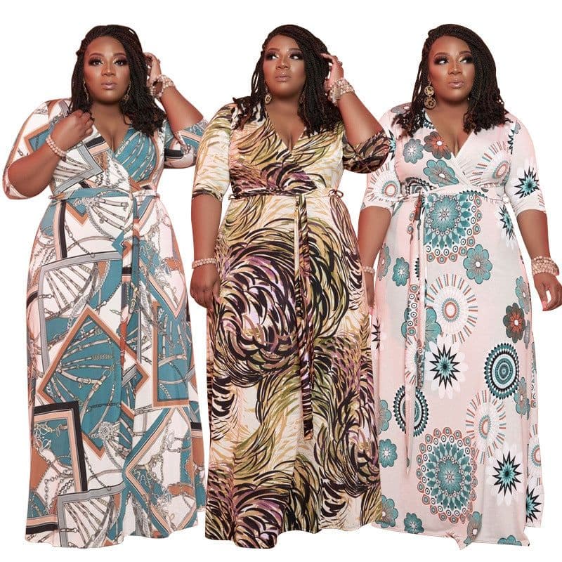image-Fagadoer Plus Size Bandage Dress V Neck Short Sleeve Maxi Elegant Print Dresses