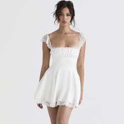 image-Women's White Lace Square Neck Dress - Backless High Waist