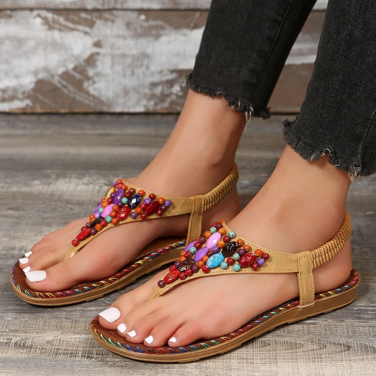 image-Women's Beaded Herringbone Sandals - Beige Size 43