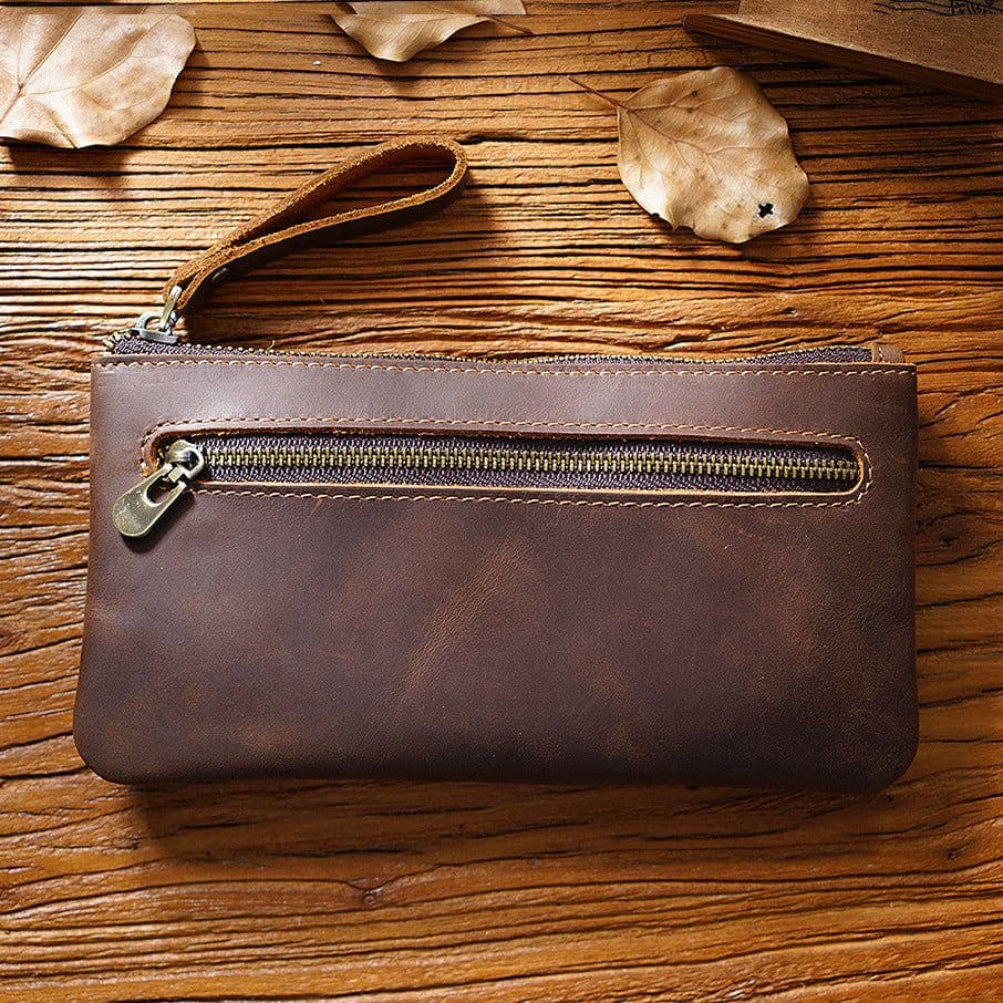 image-Retro Crazy Horse Leather Zipper Pen Bag Large Capacity Portable --- (57 characters)