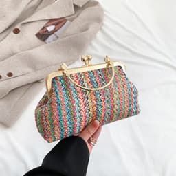 image-Blue Coochie Straw Handbag - Green Square Chain