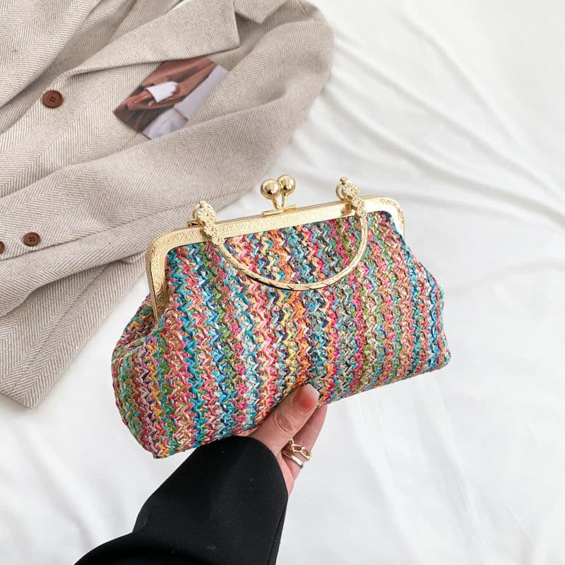 image-Blue Coochie Straw Handbag - Green Square Chain