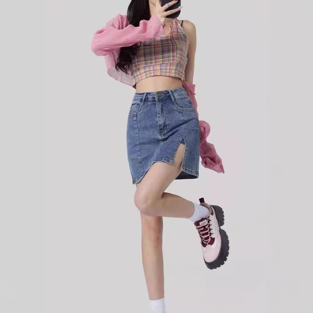 image-Denim Skirt Women High Waist A-Line Short Black