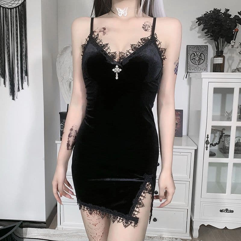 image-Women's Black Velvet Suspender Dress - High Waist XXXL