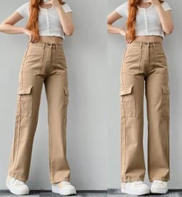 image-Women's Cargo Pants - Khaki Mid-Rise Straight Leg Cotton