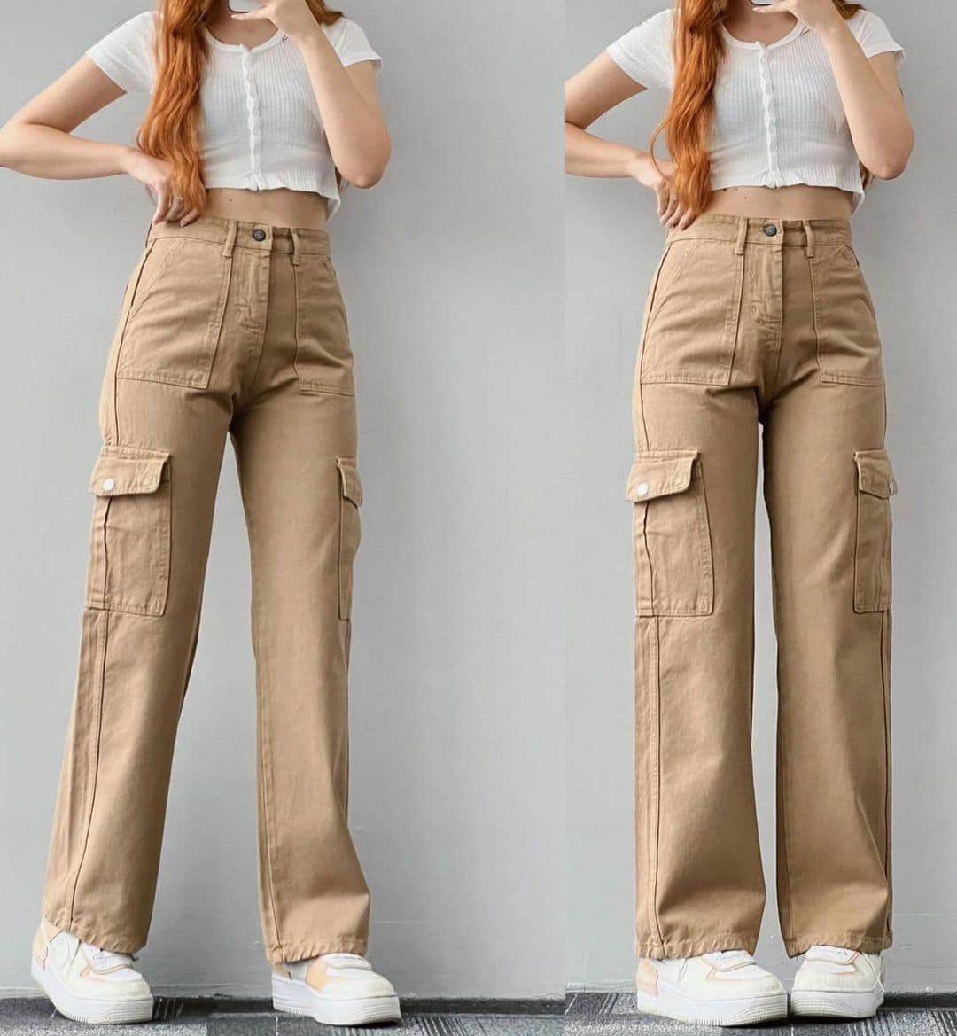 image-Women's Cargo Pants - Khaki Mid-Rise Straight Leg Cotton