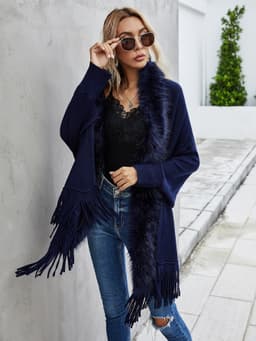 image-Dark Blue Cardigan Sweater Women Fur Collar
