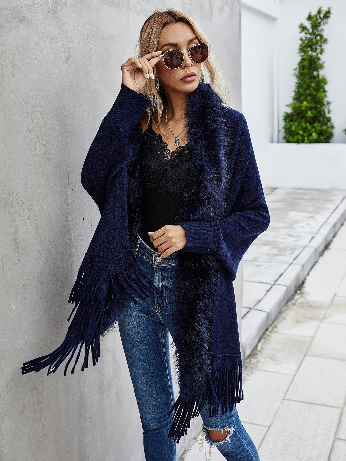 image-Dark Blue Cardigan Sweater Women Fur Collar