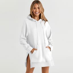 image-Women's Hooded Sweatshirt - Solid Color Mid-Length Loose Fit
