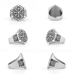 image-Viking totem rune titanium steel ring Odin compass ring triangle rune ring men's trendy stainless steel ring