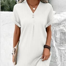 image-Cross-border European and American women's clothing 2023 new Amazon V-neck solid color pullover comfortable casual button dress
