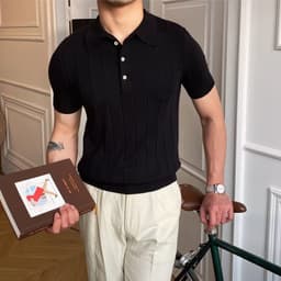 image-Polo Shirt Men's Five-Quarter Sleeves White Striped