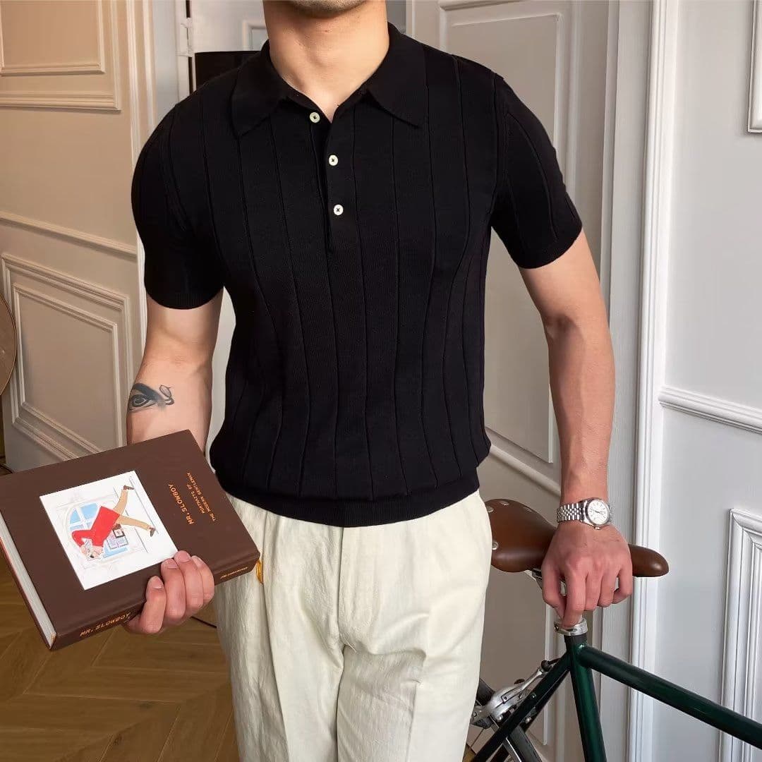image-Polo Shirt Men's Five-Quarter Sleeves White Striped