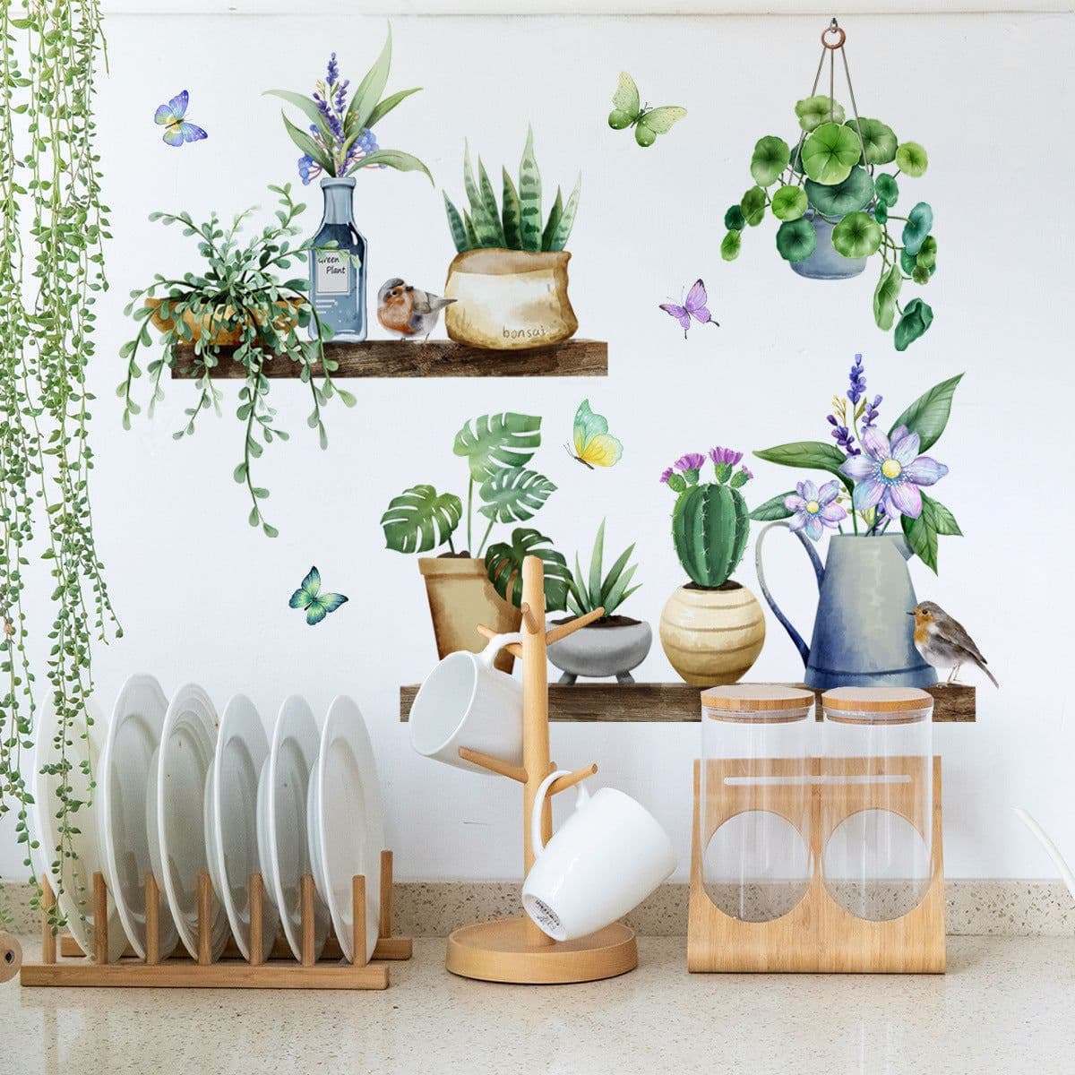 image-Decorative Chlorophytum Wall Sticker - Green Cartoon PVC Waterproof