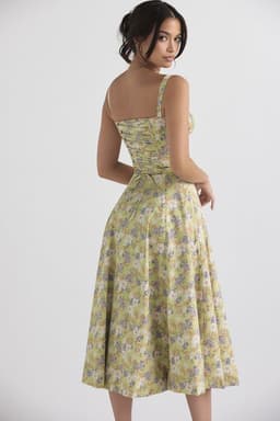 image-Women's Floral Sleeveless Midi Dress - Green Lace-Up