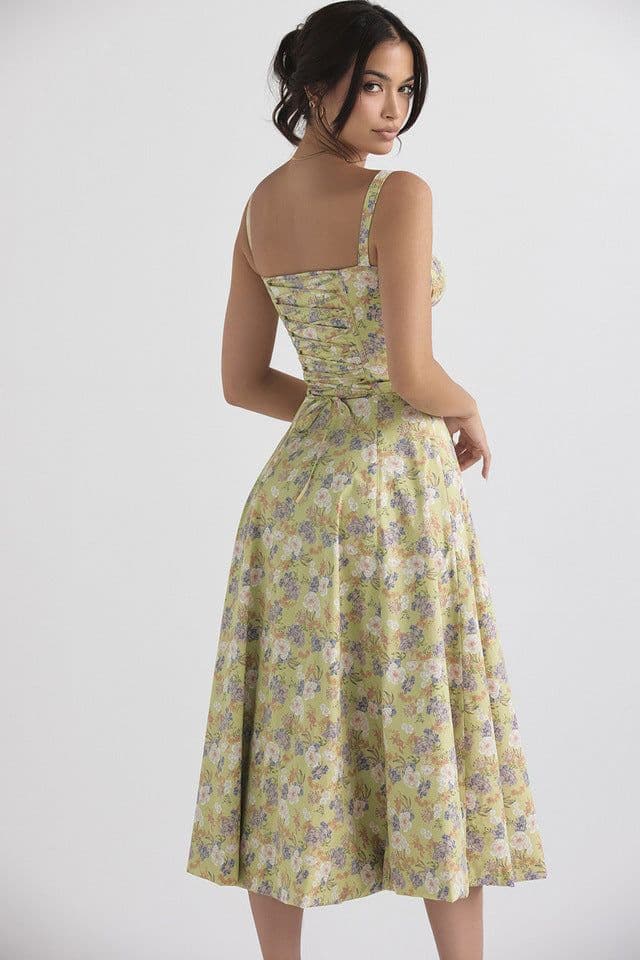 image-Women's Floral Sleeveless Midi Dress - Green Lace-Up