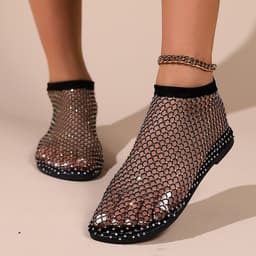 image-Large Size Women's Sandals 2023 Gold Hollow Low Heel Fishnet Flats